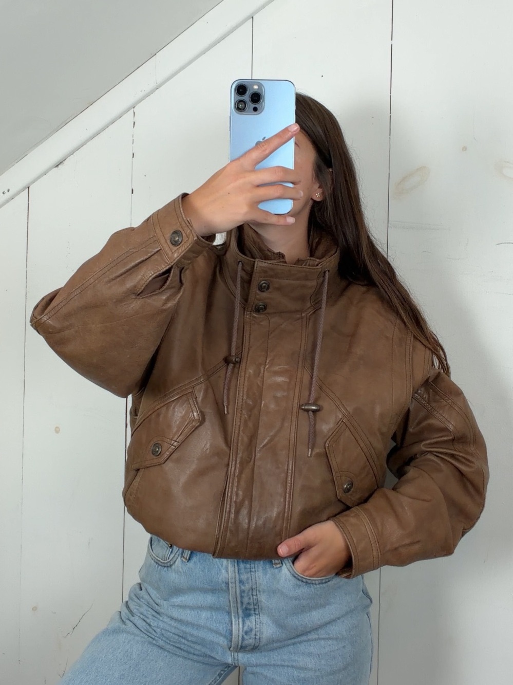 Vintage Adventure Bound Brown Genuine Leather Bomber Jacket Men’s S Funnel Neck
